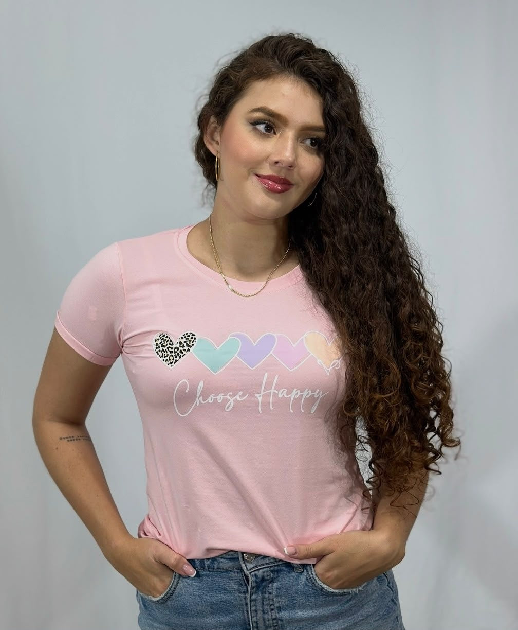 Camiseta Esencial Dama - Choose Happy color Rosado - Basictex