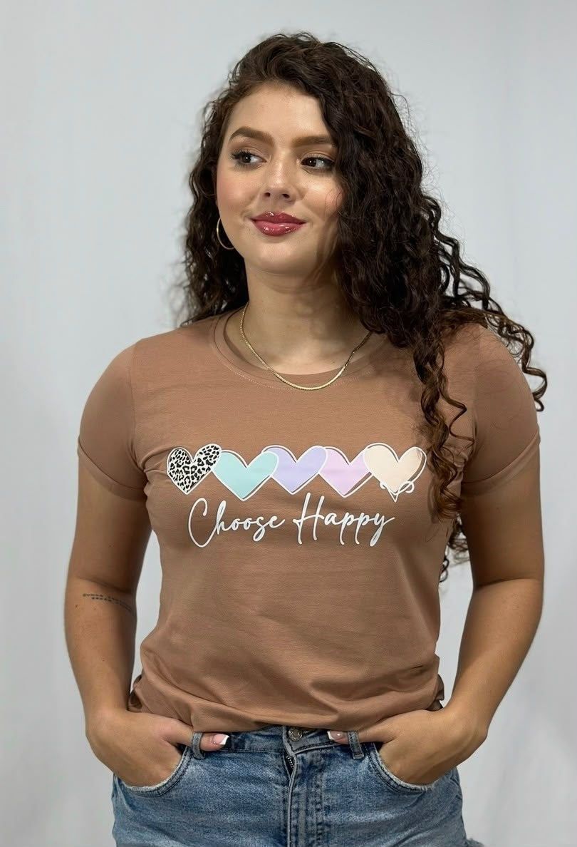 Camiseta Esencial Dama - Choose Happy color Chocolate - Basictex